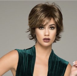 Brown Mixed Blonde Color Short Layer Nature Curly with Bangs Synthetic Wig