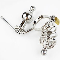 Male Siamese Anal plug Chastity Cage Device Stainless Steel Adjustable Butt beads