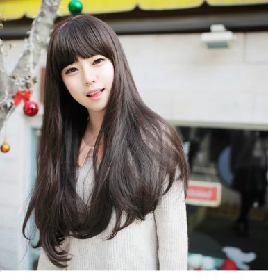 Korean wig with long straight hair in bangs slightly natural lifelike