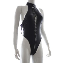 Sexy PU Leather Wet Look Front Open Lace Up Halter Teddies Bodysuit with Garter Belt and Matching Thong Fetish Lingerie Costume