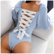 Rapwriter Sexy Backless Panelled Lace Up Square Collar Lolita Style Bodysuits Women Long Flare Sleeve Open Crotch Bodysuit