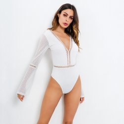 2019 Women Lace Bodysuit Sexy Deep V-Neck Flare Sleeve Playsuit Romper Ladies Backless Long Sleeve Hollow Out Body Suit Overalls