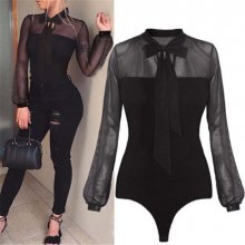 New 2018 Summer Bodysuit Women Sexy Bow Black Mock Neck Patchwork Long Sleeve Back Ladies Lace Mesh Bodysuit Transparent Tops