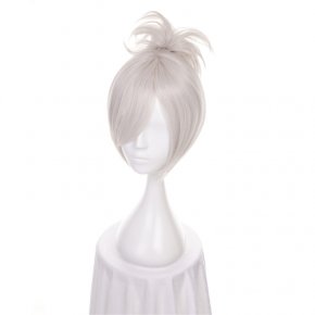 12" LOL Riven Silver White Short Synthetic Wig Cosplay Costume Wig With Chip Ponytail Heat Resistance Fiber
