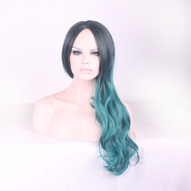 Cheap Beautiful Soft Korean Sexy Long Black Green Wig Resistant Women Hair Wigs